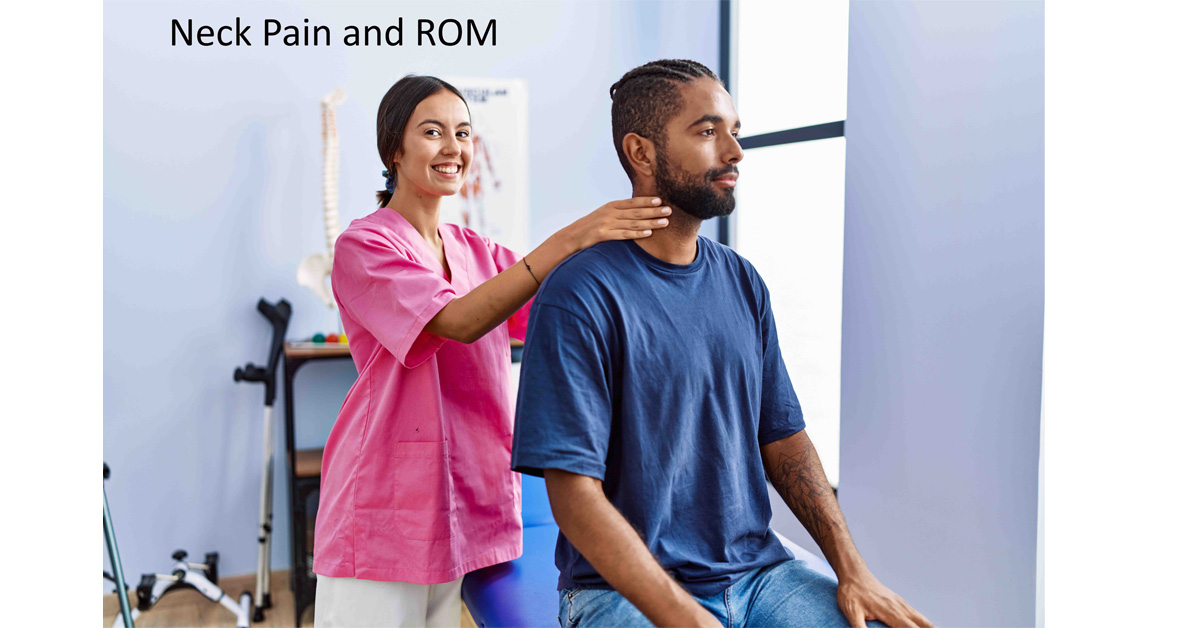 Neck Pain and ROM. Picture of a young black female physical therapist rubbing the neck of a black male.