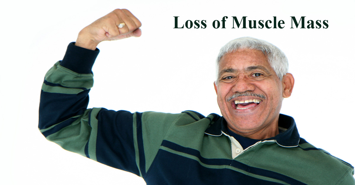 Loss of Muscle Mass. Picture of aelderly black male with arm raised to make a muscle.